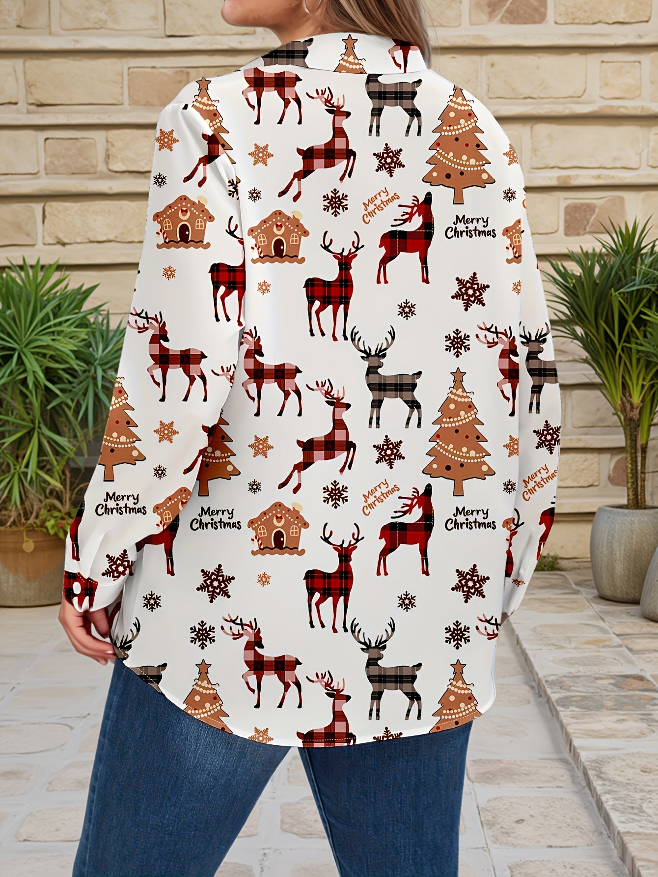 Plus Size, Women's Plus Size Winter Deer & Moose Print Blouse - Long Sleeve Christmas Party Shirt with Collar & Button Front, Red & Black Nordic Winter Pattern, Machine Washable Elegant Casual Holiday Outfits for Christmas &
