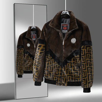 Men'S Winter Jacket - Brown & Black Color Block Coat with Stand-Up Collar, Zipper Closure, Non-Stretch Fabric for Formal & Everyday Cold Weather - Luxury Outerwear for Office, Parties, Casual Outfits, Party Attire, Sophistica