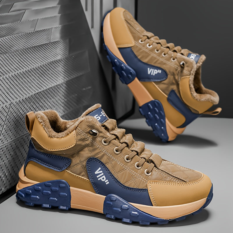 Men'S Stylish Color-Block Plush-Lined Winter Sneakers - Warm, High-Stability Running Shoes with Lace-Up Closure, Geometric & Solid Color Design, Synthetic & Fabric Upper, PVC Sole for Casual & Outdoor Activities, Winter Sneak