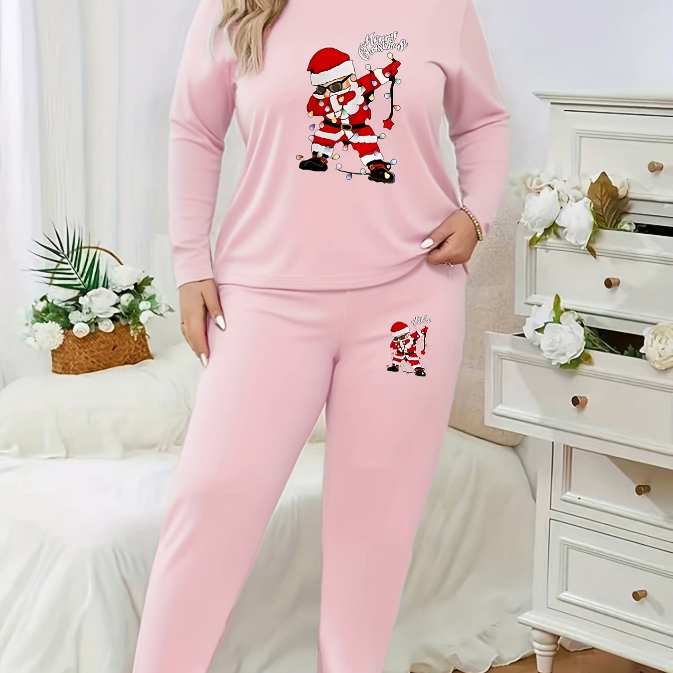Plus Size - Plus Size - Plus Size - Women'S Plus Size Christmas & Halloween Two-Piece Set - Cozy Long Sleeve T-Shirt with Santa Claus & Snowflake Print, Pockets, and Matching Pants, Casual Holiday Outfit for Fall and Winter,