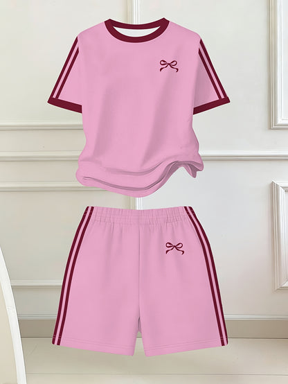 Girls' Butterfly Print Bow Short Sleeve Tee & Shorts Set