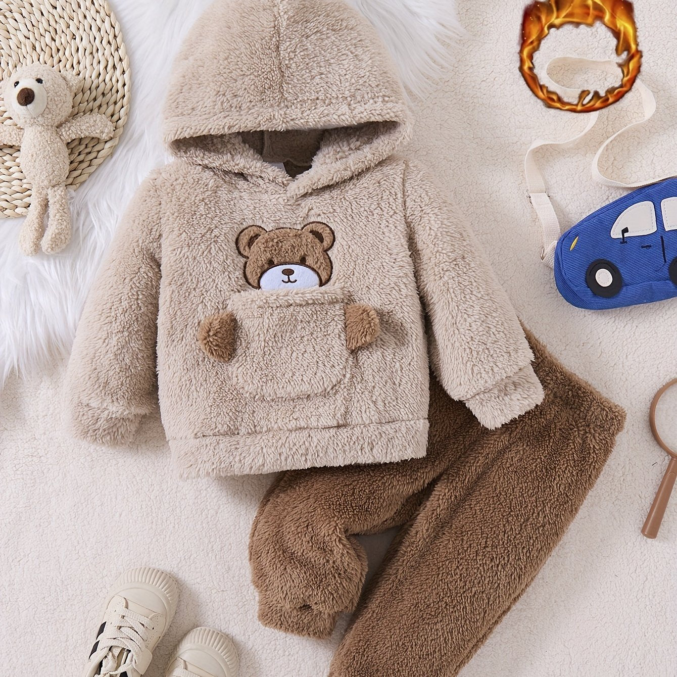 Boys' Autumn and Winter Fashionable Casual Simple Cute Warm Solid Color Plush Bear Embroidered Hoodie Long Pants Two-Piece Set, Perfect for Outdoor