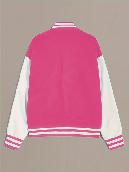 Women'S Casual Long Sleeve Baseball Jacket with "A" Letter Detail - Black & Beige Two-Tone Design, Button-Up Front, Flap Pockets, Fall/Winter Fashion Outerwear, Autumn Winter Apparel | Buttonup Jacket | Functional Pockets