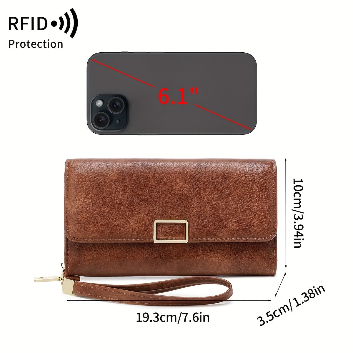 MIYIN Women's Vintage RFID Blocking Large Capacity Wallet with Wrist Strap - Tri-Fold  Handbag, Zipper Pocket & ID Slot, Multi-Card Holder (Credit/Debit) - Solid for Professional & Everyday Use