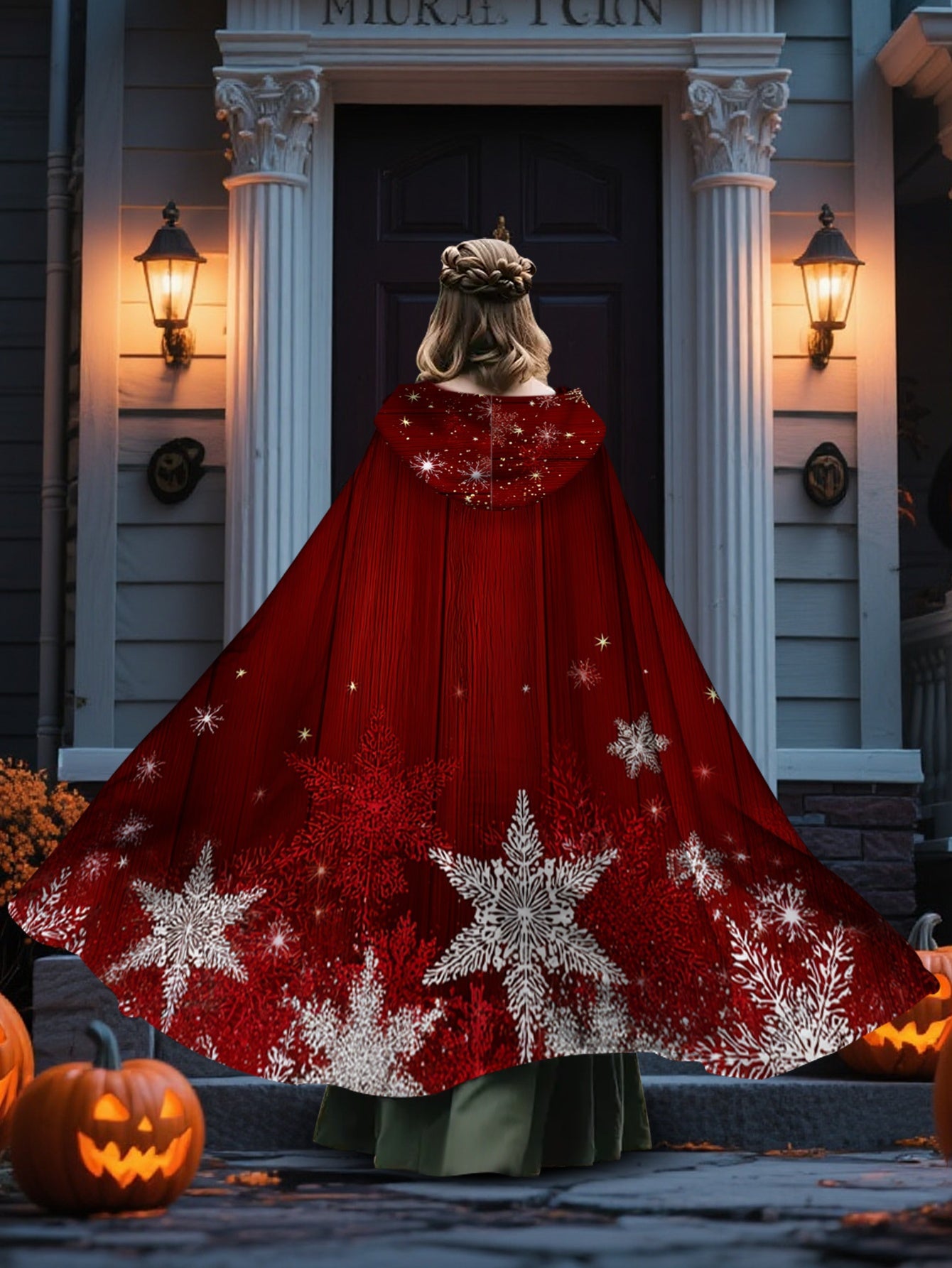 1pc Red & White Snowflake Cape with Hood - Long Flowing Winter Costume for s &, Christmas Party Costume, New Year's Eve Outfit, Themed Events - Machine Washable 100% Polyester Coat (Star Pattern Back), 2D Flat