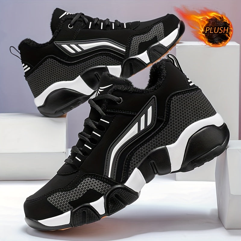 HIDEDUGO 's Heavy-Duty Winter Boots-like Sneakers - Warm Mid-Top Traction Tires, All-Terrain TPR Sole, Lace-Up Outdoor Shoes for Ice & Snow, Large Size Available (Black/White) - Cold Weather Casual & Sports