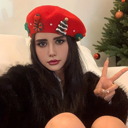 Women's Red Christmas Beret Hat with 3D Christmas Tree Decorations - Elastic Drawstring Closure, Lightweight Warm Winter Hat for Holiday Parties, Photo Shoots, Valentine's & New Year's Eve - Festive Movie-Inspired Fashion Acc