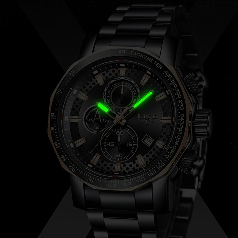LIGE Watches Fashion Junior Men's Sports Multifunctional Quartz Watch, IP68 Waterproof Watch, Stainless Steel Band, Precision Chronograph, Stopwatch Date Function, Casual Elegant Vintage Style New Watch, Holiday Gifts - ayq