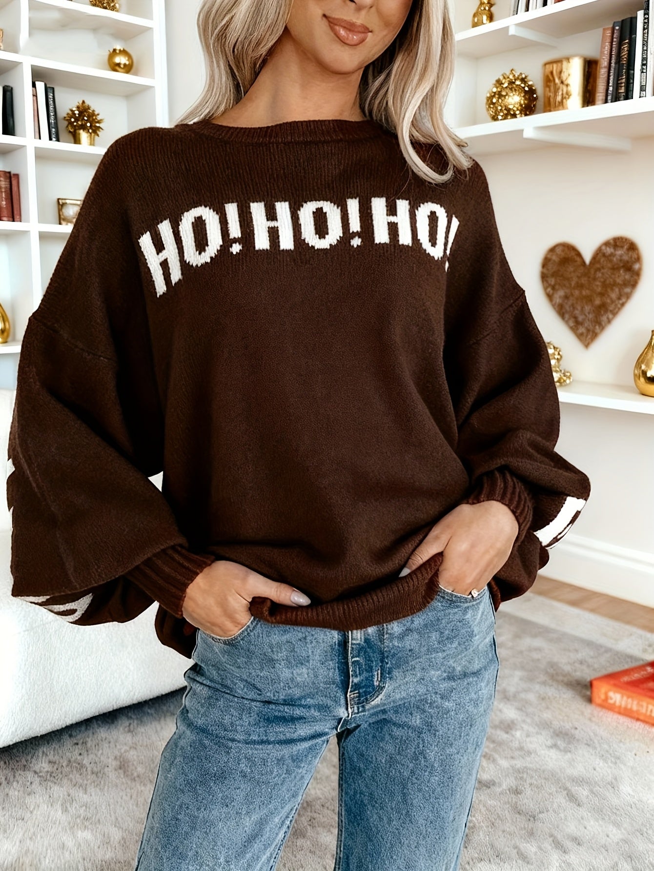 Autumn/Winter New Arrival Niche Cardigan for Women, Lazy Style Sweater Top with Wine Red and Coffee Color Letter Print, Round Neck Pullover with Designer Pattern, Casual Elegant Winter Top, Urban Commute Basic Versatile Style