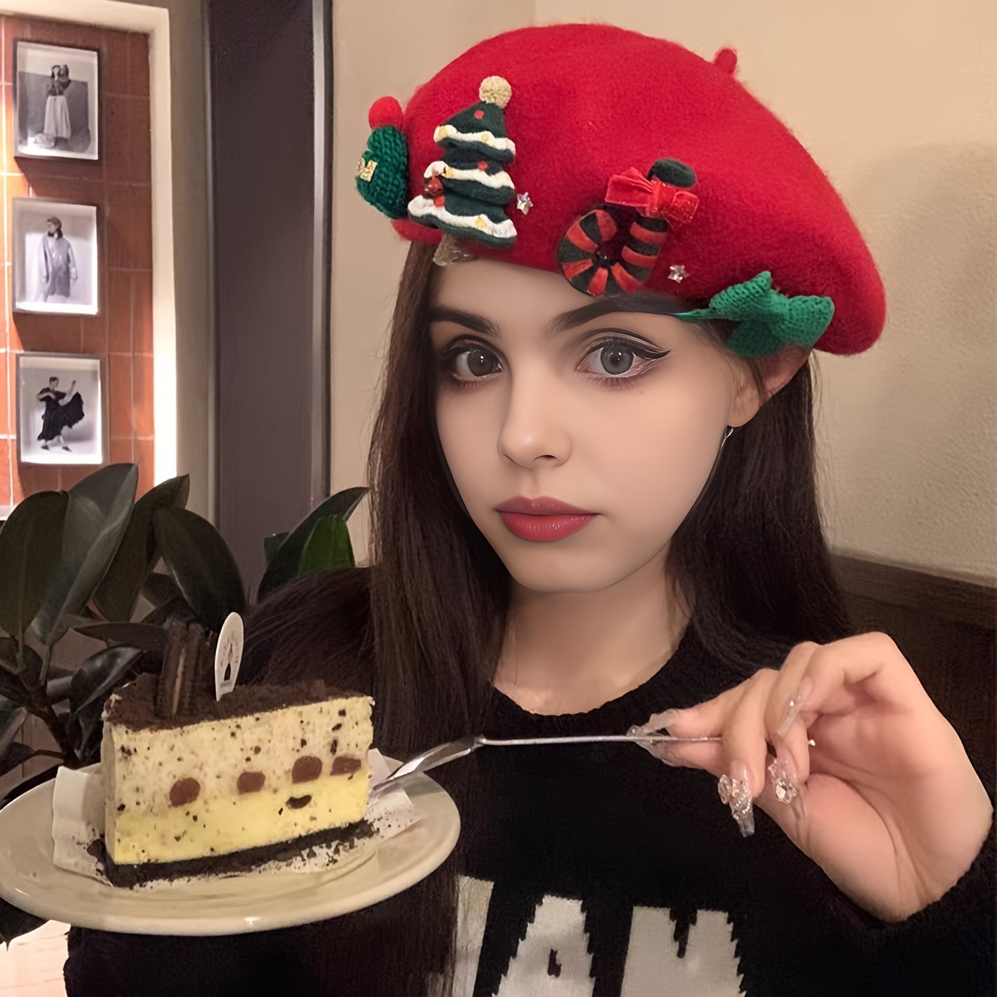 Women's Red Christmas Beret Hat with 3D Christmas Tree Decorations - Elastic Drawstring Closure, Lightweight Warm Winter Hat for Holiday Parties, Photo Shoots, Valentine's & New Year's Eve - Festive Movie-Inspired Fashion Acc