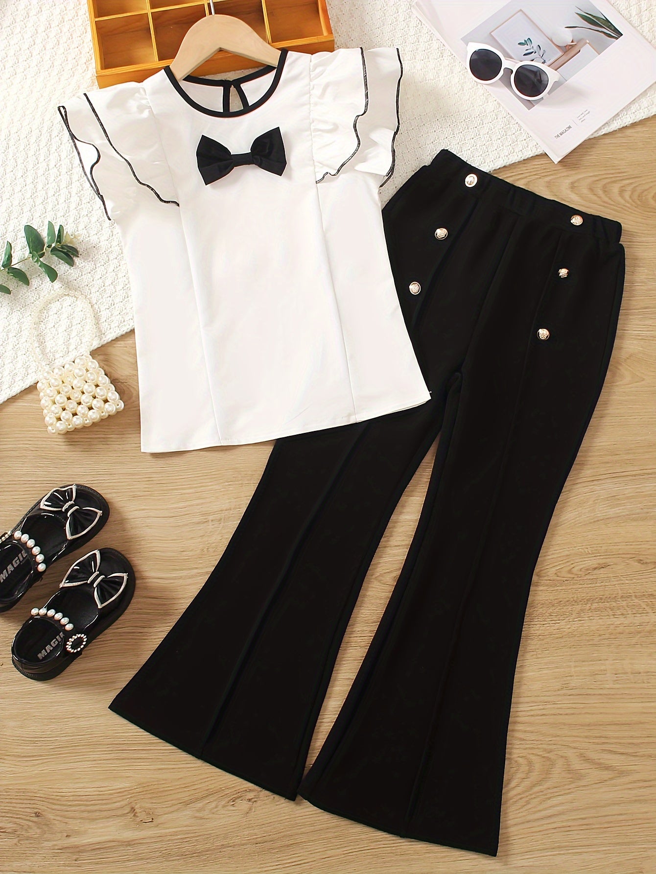 Girls' Elegant Two-Piece Summer Set with Ruffle Bow Top & Flared Pants