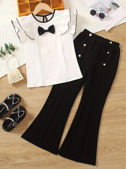 Girls' Elegant Two-Piece Summer Set with Ruffle Bow Top & Flared Pants