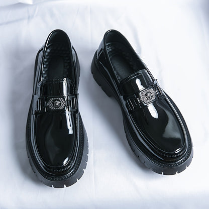 Men'S Black Soft Patent Platform Chunky Heel Loafers Fashion Tassel Business Casual Formal Work Shoes Non-Slip Lug Sole Slip-On Penny Loafers
