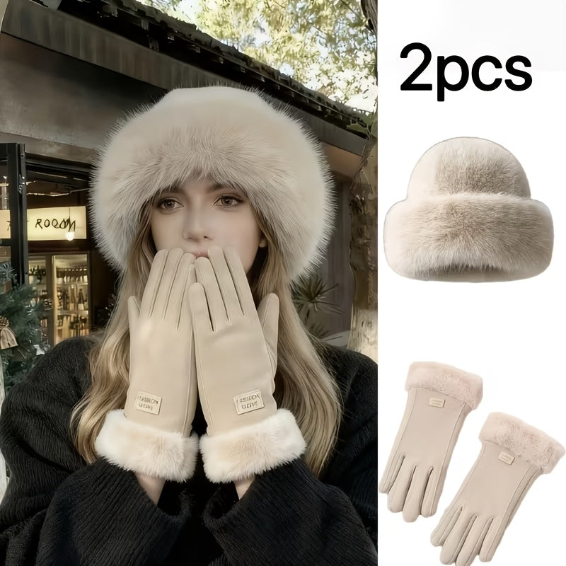 Women’s Autumn/Winter Thermal Gloves and Plush Fisherman Hat Set