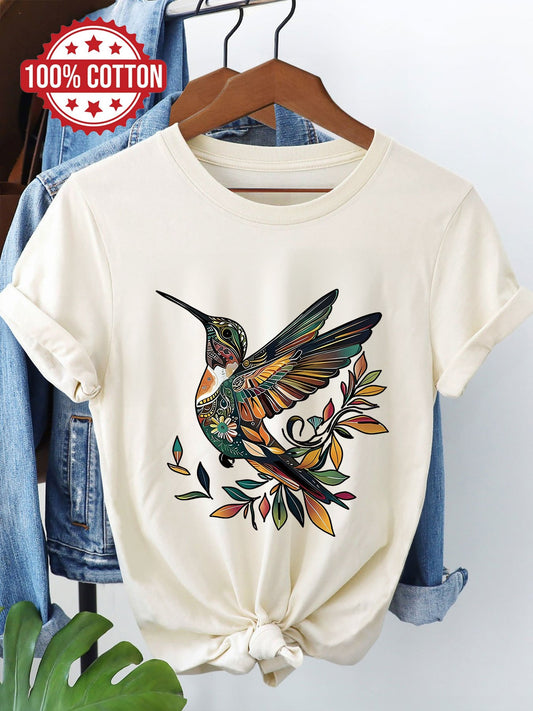 Women's Casual Cotton T-Shirt with Hummingbird Leaf Print - ayq