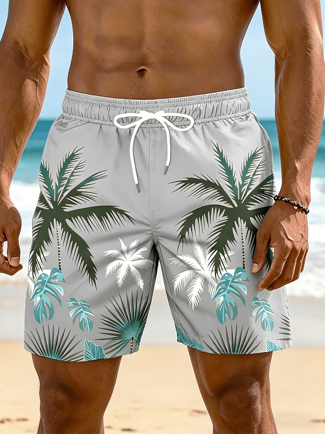 Plus Size Men's Palm Tree Print Beach Shorts, Breathable Polyester