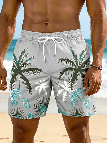 Plus Size Men's Palm Tree Print Beach Shorts, Breathable Polyester