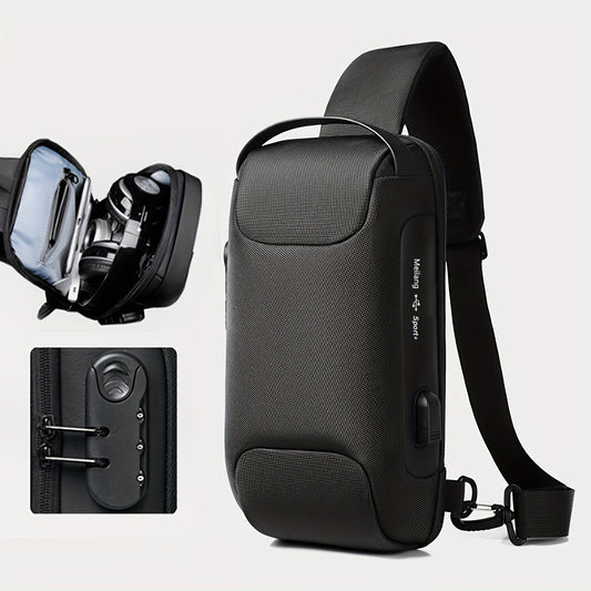 Men's Lightweight Crossbody Backpack with USB Charging Port  Password Lock, Adjustable Anti-Theft Shoulder Bag for Travel, Commuting, Daily Use - Durable Polyester Casual Daypack, Secure Travel Bag   Minimalist Backpack   Sl