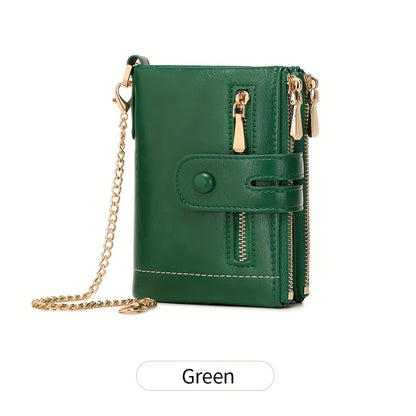 MIYIN Women'S & Men'S Red Bifold Wallet with Anti-Theft Chain Lock, Golden-Tone Hardware & Removable ID Window - Multi-Compartment Organizer with Card Slots