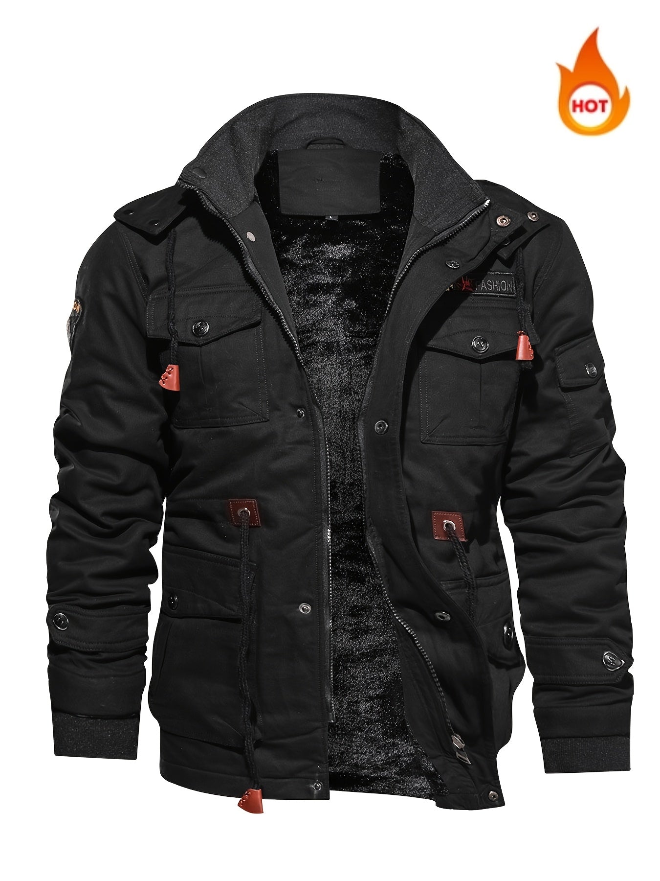 Men'S Winter Fleece-Lined Military-Style Jacket - Thickened Zip-Up Coat with Large Pockets, Olive Green Casual Winter Coat for Outdoor Activities, Winter Coats, Durable Fabric Coat