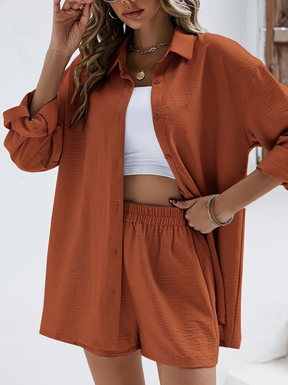 Women's Casual Summer Long Sleeve Shirt & Elastic Waist Shorts Set