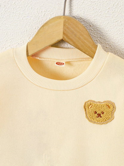 2pcs, Boys' Round Neck Sweatshirt Set, Suitable for Boys Aged 1-8, Fashionable Cartoon Bear Patch, Slightly Stretchy Fabric, Warm Fleece-Lined for Autumn and Winter, Ideal for Casual Sports Wear, Minimalist Style Perfect as a