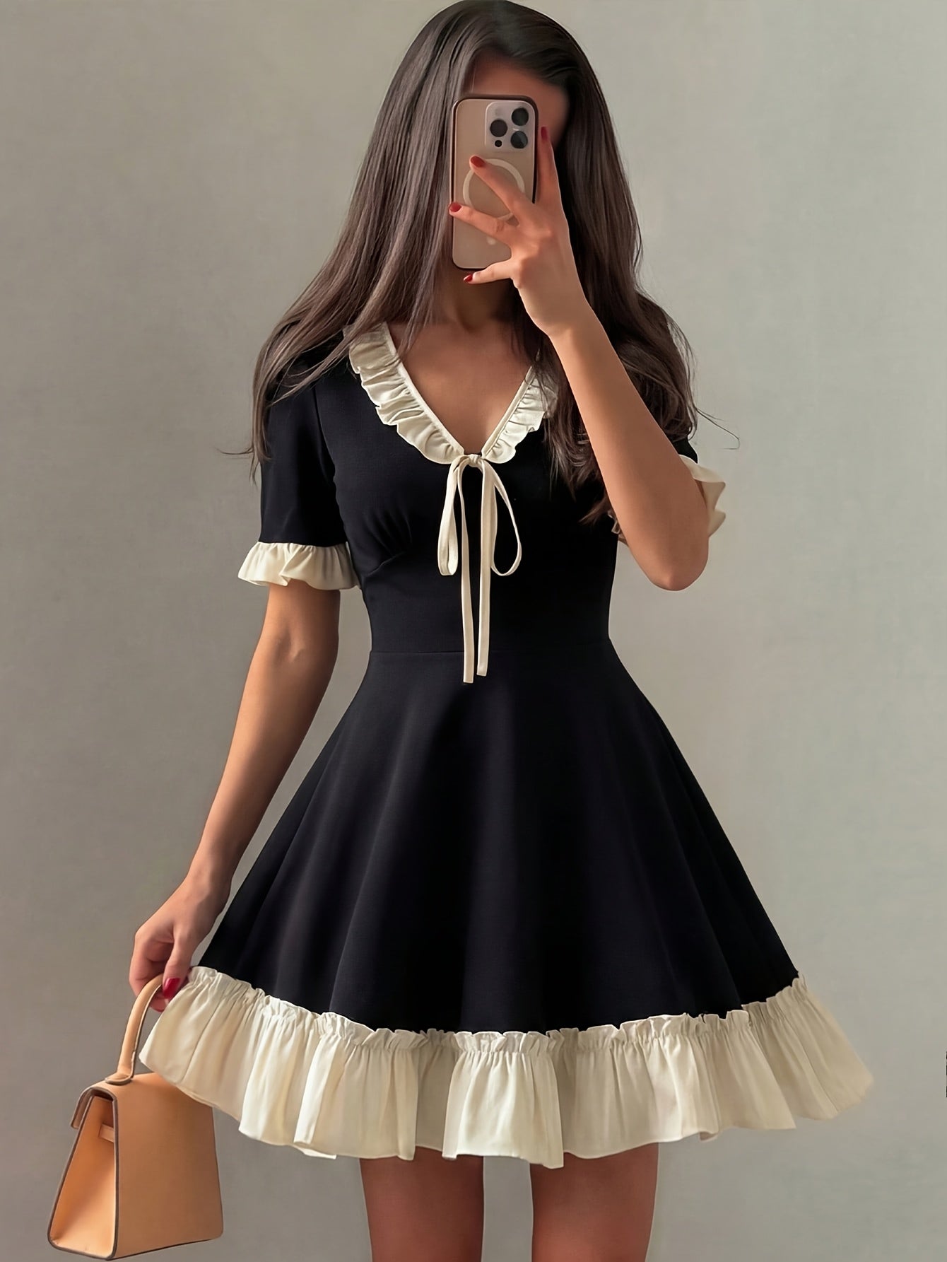 Women's Elegant V-Neck Color-Block Ruffle Tie-Waist A-Line Dress