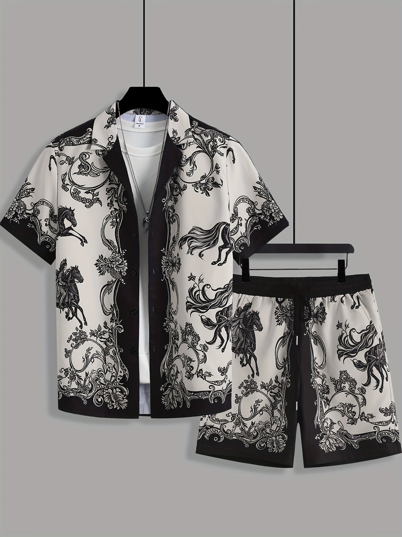 Men's Summer Suit Set: Short Sleeve Knight Print Positioning Burned Shirt with Open Collar, Drawstring Casual Shorts Pajama Two-Piece Set
