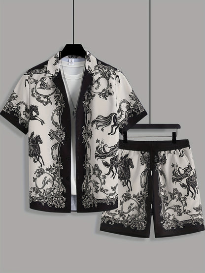 Men's Summer Suit Set: Short Sleeve Knight Print Positioning Burned Shirt with Open Collar, Drawstring Casual Shorts Pajama Two-Piece Set