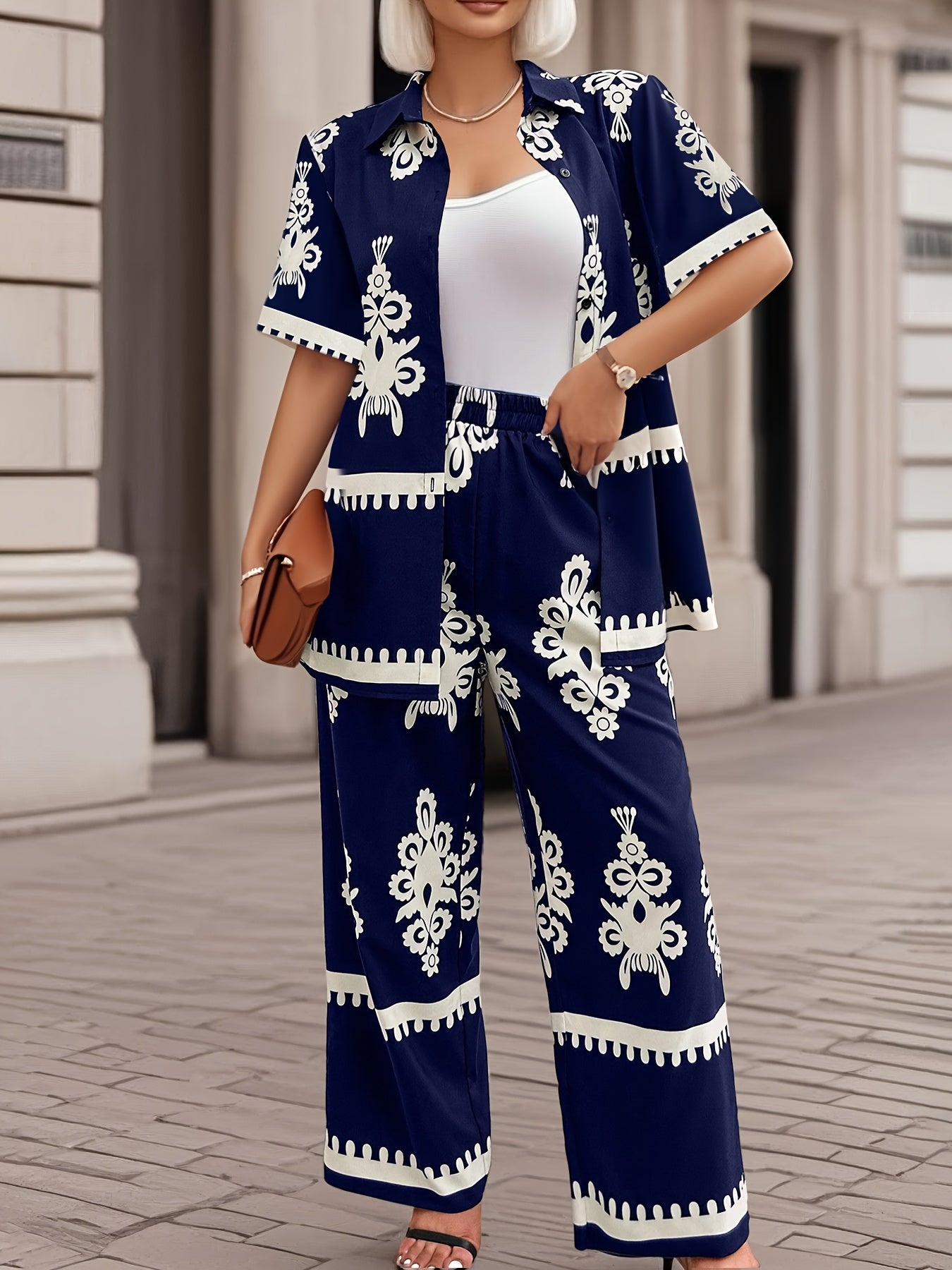 Casual Country Print Pattern Loose Short Sleeve Top and Pants Two-Piece Set Summer Clothes, Elegant Summer Evening Mist
