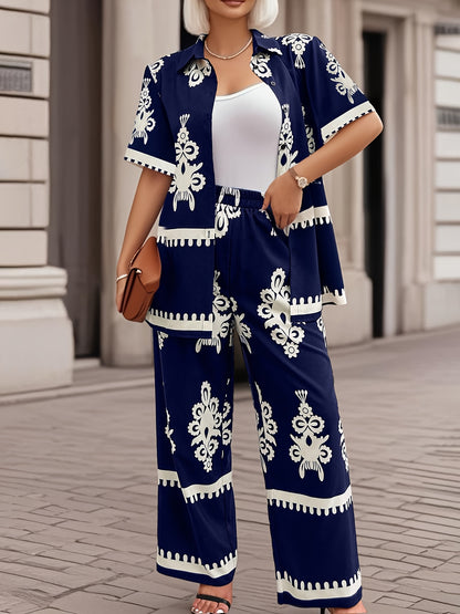 Casual Country Print Pattern Loose Short Sleeve Top and Pants Two-Piece Set Summer Clothes, Elegant Summer Evening Mist