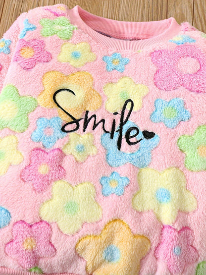 Girls' Autumn and Winter Fashion Warm Set with "Smile" Embroidery, Colorful Floral Appliqué Fleece Jacket and Flared Pants Outfit, Perfect for Outdoor