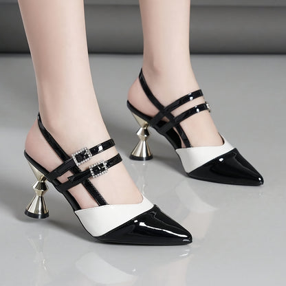 Women'S Black  White Block Heel Pumps - Pointed Toe, Synthetic Cover, Rubber Sole, High Heel Dress Shoes for Summer, Elegant Office  Formal Wear, High Heel Shoe