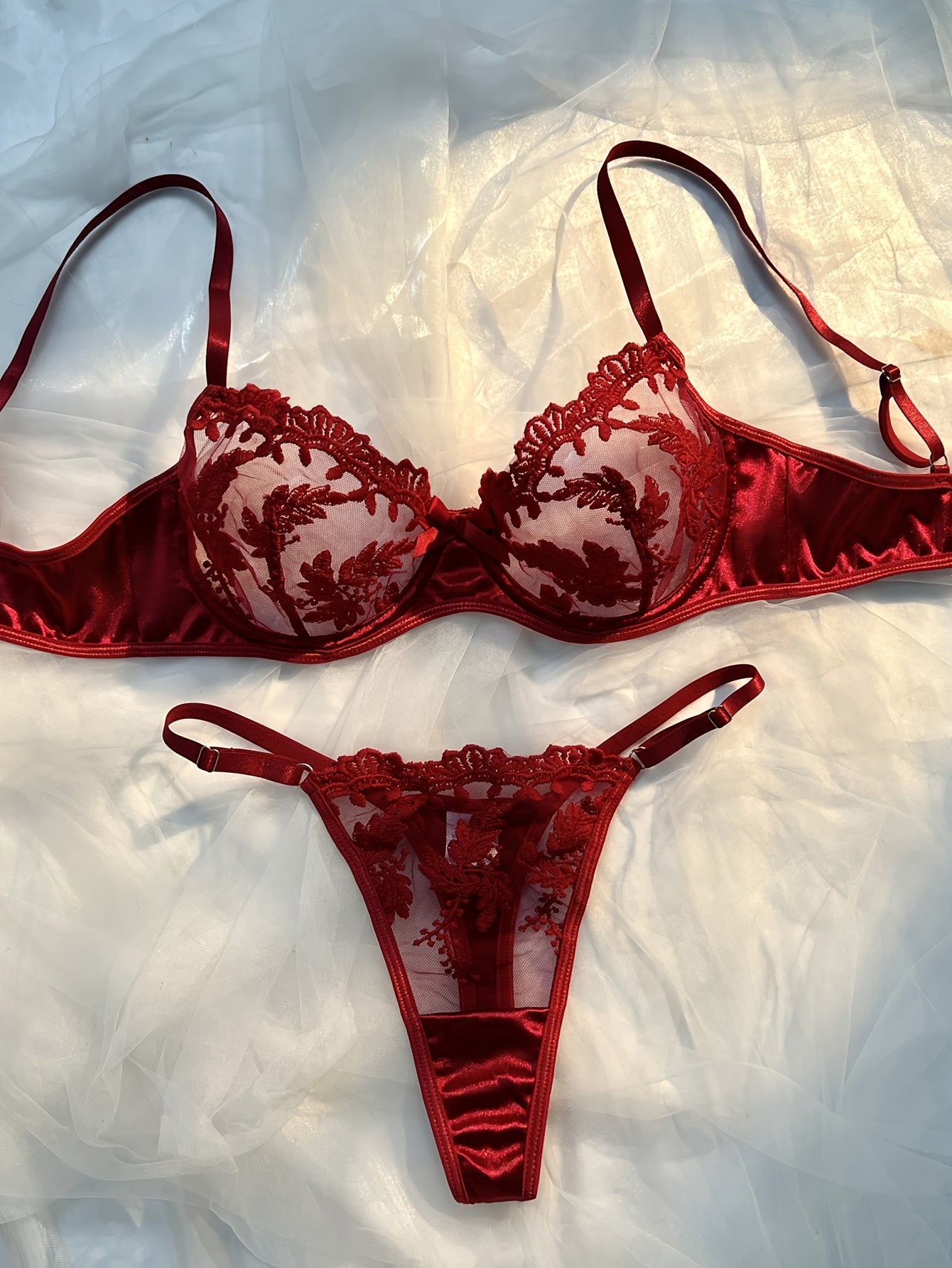 Elegant Wine Red Embroidered Lingerie Set with Thong