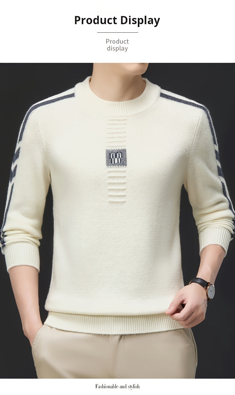 This Thick, Round-Neck Long-Sleeve Sweater for Men Features a Soft And Comfortable Design with Stylish Striped Edges, Perfect for Outdoor Gatherings And Everyday Wear, And Can Be Layered