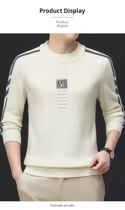 This Thick, Round-Neck Long-Sleeve Sweater for Men Features a Soft And Comfortable Design with Stylish Striped Edges, Perfect for Outdoor Gatherings And Everyday Wear, And Can Be Layered