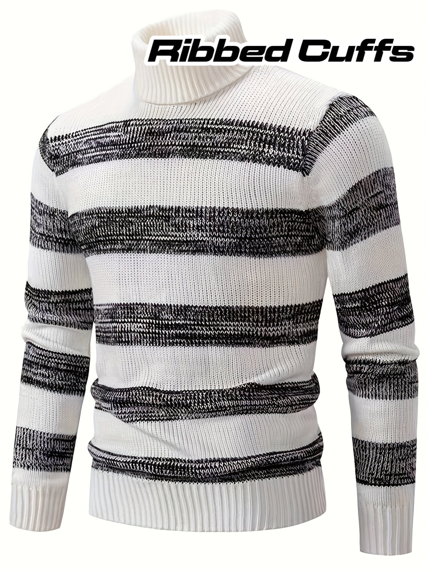 Men'S Stylish Black & White Striped Knit Pullover Sweater - High Neck, Long Sleeve, Ribbed Cuffs, Casual Fall/Winter Wear, Casual Wear Sweater | Highneck Sweater | Knit Construction, Sweater Vest