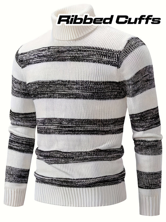 Men'S Stylish Black & White Striped Knit Pullover Sweater - High Neck, Long Sleeve, Ribbed Cuffs, Casual Fall/Winter Wear, Casual Wear Sweater | Highneck Sweater | Knit Construction, Sweater Vest