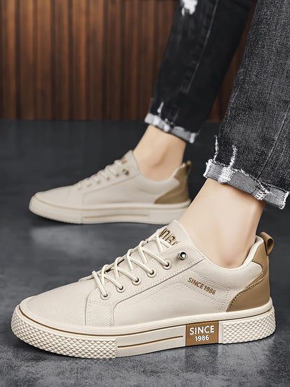 Men's Casual Low-Top Sneakers - Breathable Fabric  Durable PVC Sole, Black  Beige Contrast Design, Lace-Up Round Toe for All-Season Comfort, Versatile for Casual  Semi-Formal Wear, Comfortable Footwear, Fabric Upper