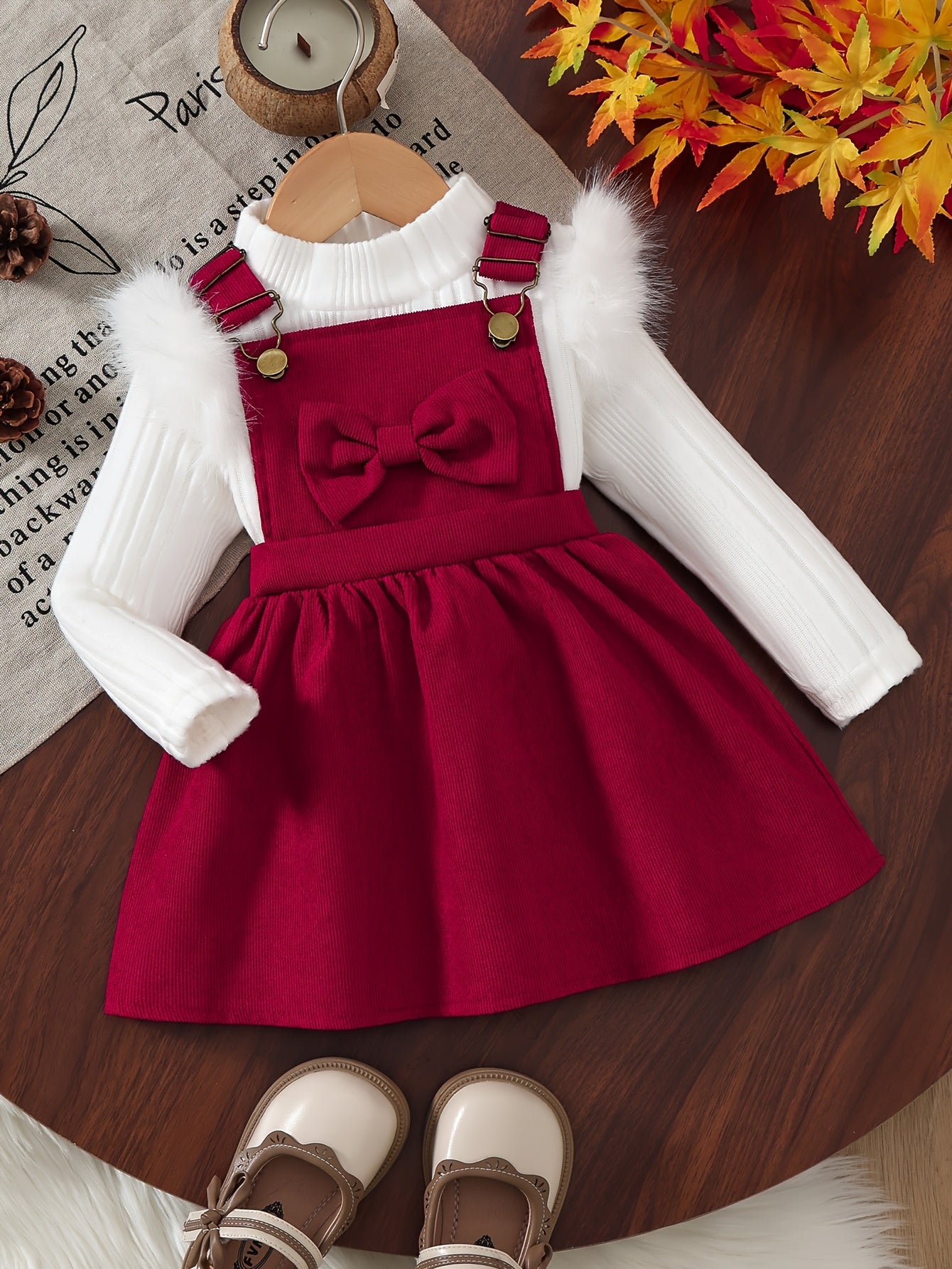 2pcs Baby Winter Outfit Set: Cozy Fluffy Sleeve Smock Dress & A-Line Bow with Collar & Fringe Trim - Soft Warm Clothes for Photoshoots, Christmas (Hand Washable), Perfect for Outdoor