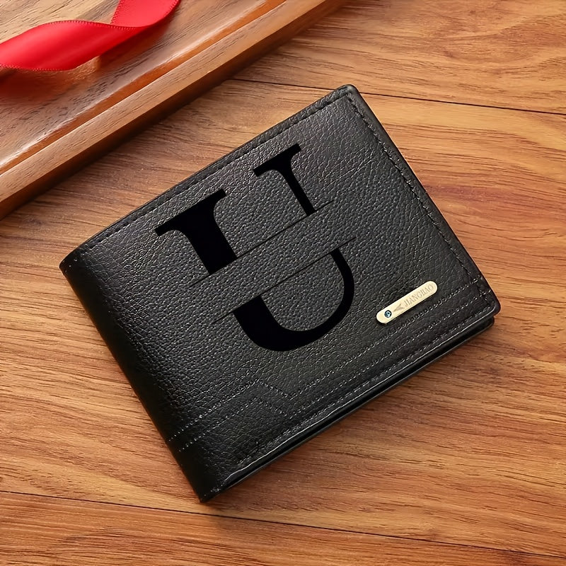 1pc Men's Business Style Faux Leather Wallet, Customizable Text and Initials, Solid Color Faux Leather with Contrast Accents, Compact Short Bifold Design for Easy Carrying - Perfect Birthday Gift for Boyfriend and Father, Per
