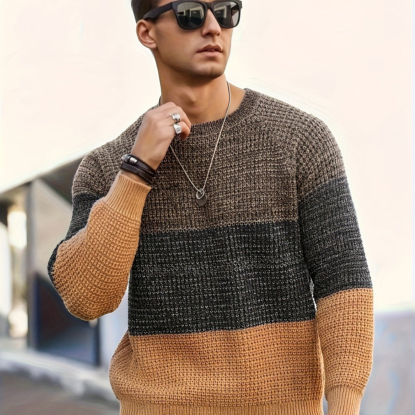 Men's Autumn and Winter Color Block Knit Sweater, Crew Neck Pullover