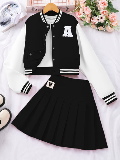 Girls' Preppy Baseball Collar Top and Pleated Skirt Set