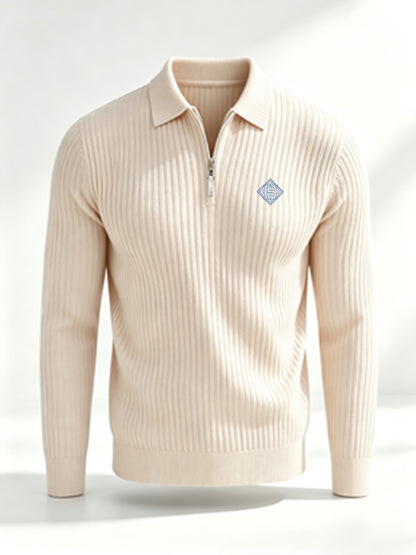 Men's Casual Long-Sleeve Ribbed Half-Zip Polo Shirt for Fall