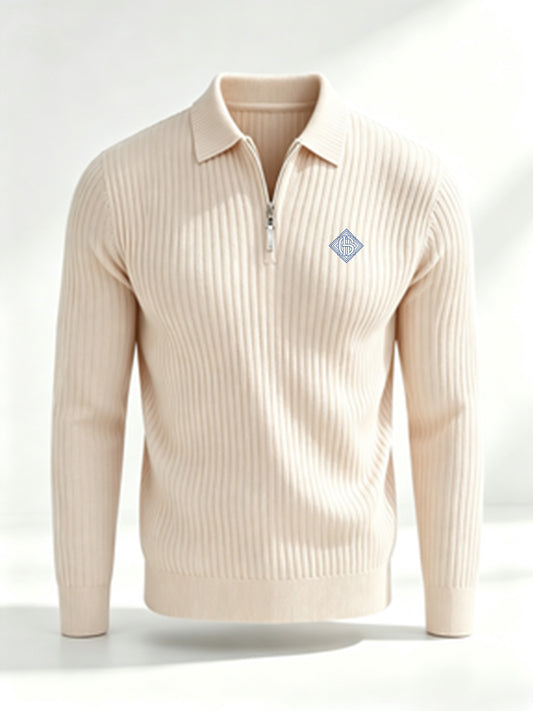 Men's Casual Long-Sleeve Ribbed Half-Zip Polo Shirt for Fall