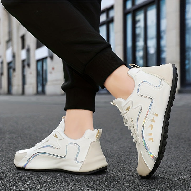 Letter Print. Casual Fashion. Low Top. Lace-Up. Solid Color. Comfortable. Good Grip. Unisex. Multifunctional. Skate Shoes. Men'S Casual Sports Sneakers Breathable, Non-Slip Running Shoes, Soft Sole, Golden And Black Design. G - ayq