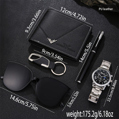 5 Luxury Men'S High-End Business Watches + Stylish Minimalist Wallet And Glasses + Pen Keychain, Suitable for Everyday Wear.