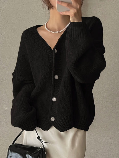Women's Elegant V-Neck Button-Up Polyester Cardigan Jacket