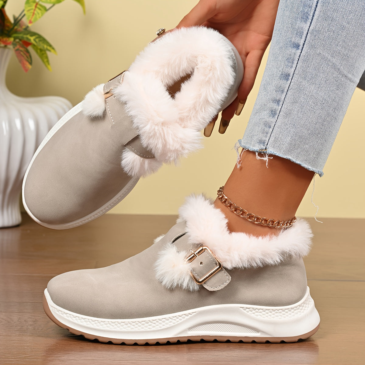 Women's Plush Winter Snow Boots with Faux Collar & - Slip-On/Lockable Ankle Strap, Cushioned PVC Sole - Grey/Lavender Synthetic - Warm Cozy Shoes for Ice, Snow, Indoor/Outdoor (Wide Widths Available) - Ideal, Winter Boots For