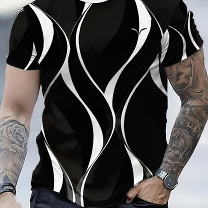 Men'S 3D Lightning Print T-Shirt, Casual Crew Neck Short Sleeve Tee, Summer Knit Polyester Blend Top, Slight Stretch, Black  White Geometric Pattern, Regular Fit, Fashionable Tshirt   Modern Casual Style   Polyester Blend